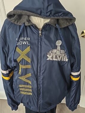 REVERSIBLE JACKET!! Super Bowl XLVIII Navy Hooded Jacket with Yellow Accents